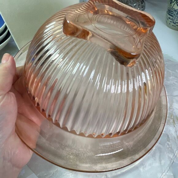 Vintage Hazel Atlas 8.5” pink depression glass “Rest-Well” mixing bowl ribbed he - Picture 6 of 7